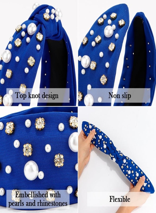 Atoden Knotted Headbands with Pearl Rhinestone Royal Blue Headband Wide Top Knot Headbands Beaded Crystal Jeweled Head Bands Embellished Sparkly Hair Bands Hair Accessories for Women Girls - Image 5